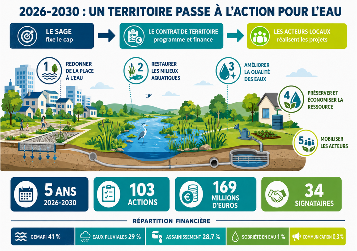 Infographie du contrat de territoire 2026-2030 : le SAGE fixe le cap, le contrat programme et finance les actions, mises en œuvre par les acteurs locaux. Cinq enjeux liés à l’eau sont illustrés autour d’une rivière. Le programme prévoit 103 actions, 169 millions d’euros et 34 signataires.